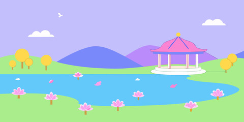 Pastel Toned Cartoon Landscape Of A Peaceful Lake