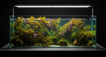 A rectangular aquarium with seaweed, rocks, and gravel is brightly lit against a dark background.