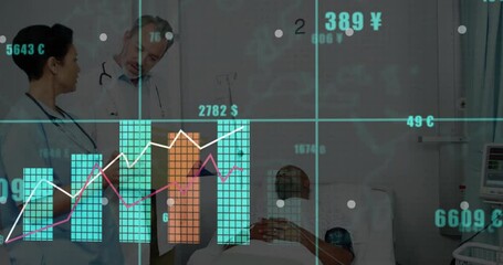 Nurse tapping folder doctor reviewing data starting animated currency charts for healthcare finance - Powered by Adobe