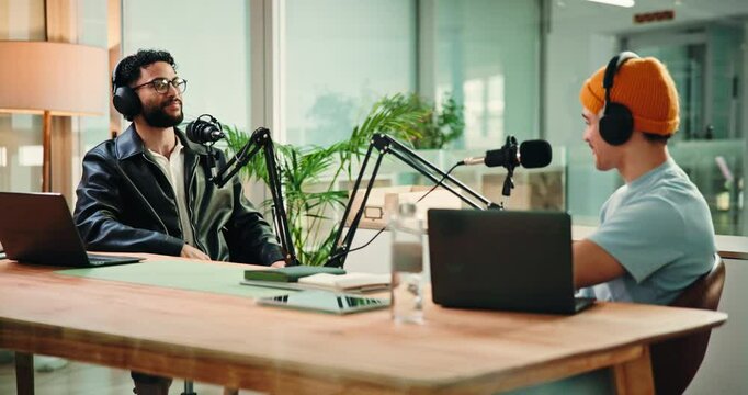 Studio, host and men with headphones for podcast, online and live streaming of interview on website. Content creation, podcaster and guest with mic for talk show, people and digital journey for radio