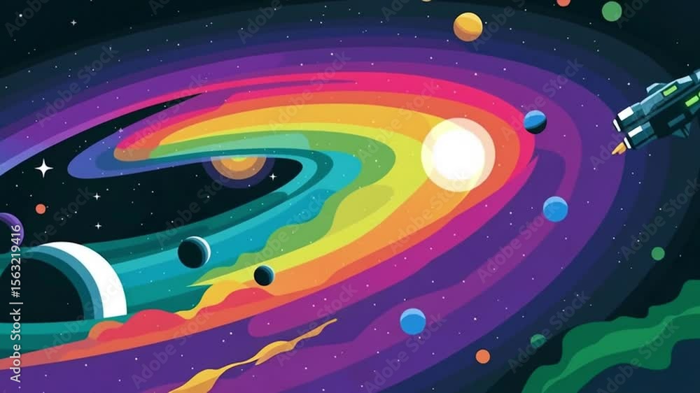 Wall mural spaceship flying through colorful galaxy animation