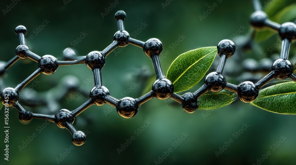 Poster detailed representation of molecular structure with green leaf background in scientific context