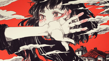 動揺して混乱する女性の姿を描いたイラスト素材｜パニック・焦燥・慌てる・困惑・ハプニング・緊急事態・リアクション・オーバーリアクション・ドラマティック・漫画風表情・感情豊かな人物画