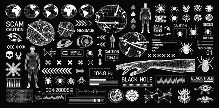 Retrofuturistic cyber aesthetic - 3D shapes, HUD, UI, cyberpunk elements, digital lettering. Y2K icons, 3D geometric shapes. Cyberpunk streetwear graphic pack for typography, clothes