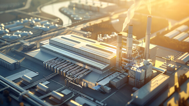 Aerial view showcases a modern industrial facility, refinery and manufacturing with bright, warm sunlight shining on the rooftops. - Powered by Adobe