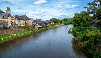 View over the Vézère River onto the old town of Montignac-Lascaux in Perigord, France