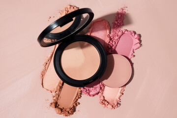 Blush powder compact with vibrant pink highlight and nude tones on pastel background for skincare and beauty mockup visuals