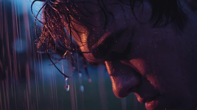 Cinematic portrait of a sad young man crying quietly in the rain at night, with dramatic, moody lighting.

