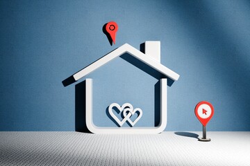 3D house symbol with love hearts and location markers