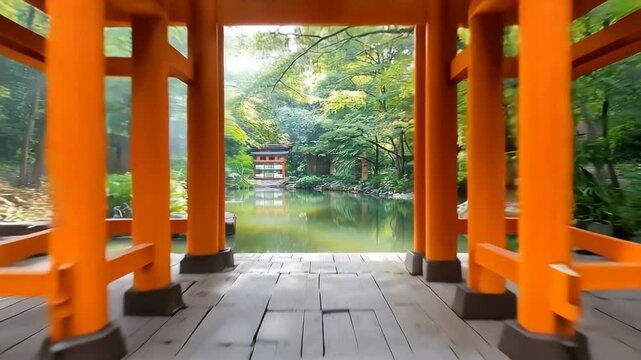 A serene Japanese garden with a traditional red torii gate and a koi pond