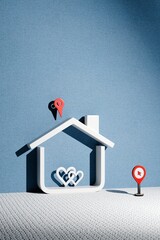 3D house symbol with love hearts and location markers