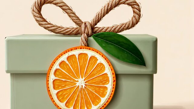 Elegant green gift box with citrus ornament and twine bow on light background