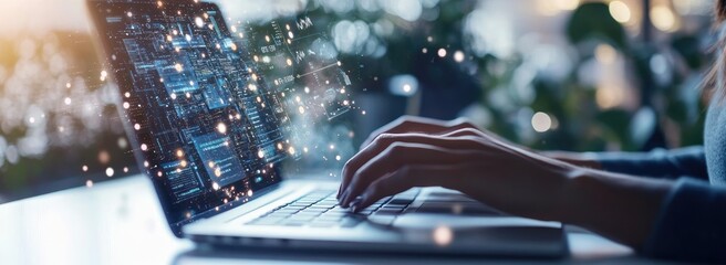 Person working on laptop with digital graphic overlay