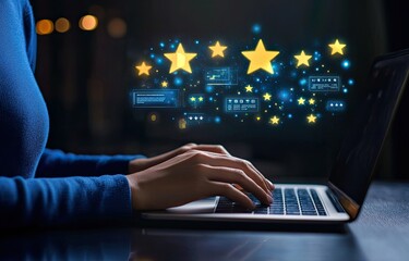 Person using laptop, glowing stars and data icons overlay