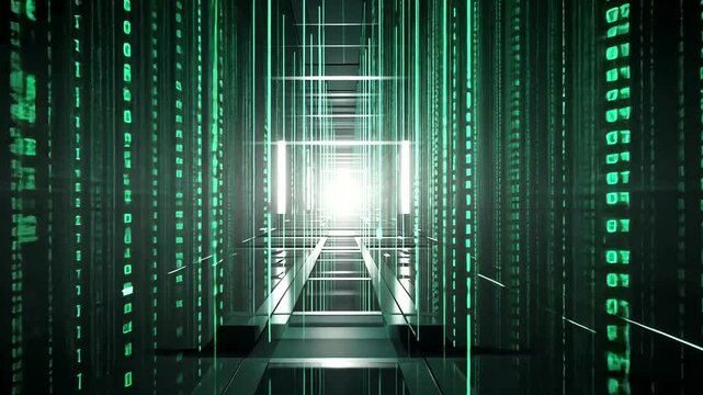 Futuristic digital corridor with glowing green data streams leading to a bright exit
