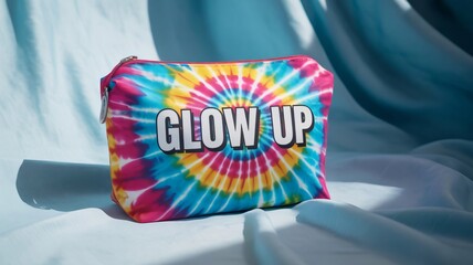 Vibrant tie dye makeup bag with the words glow up in bold white lettering