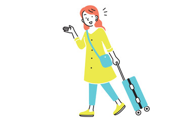 キャリーケースを持って旅行する女性の横から見たイラスト