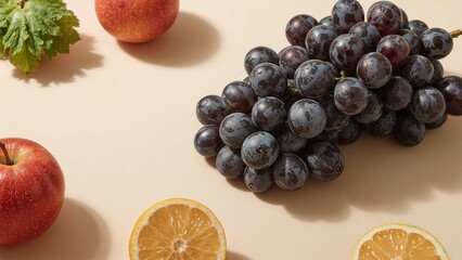 Obraz premium Fresh fruit arrangement on a light beige background.