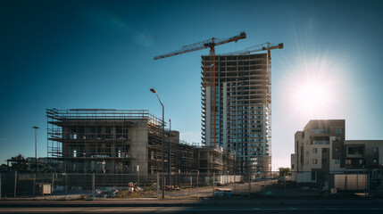New high-rise building under construction in urban setting with cranes and blue sky