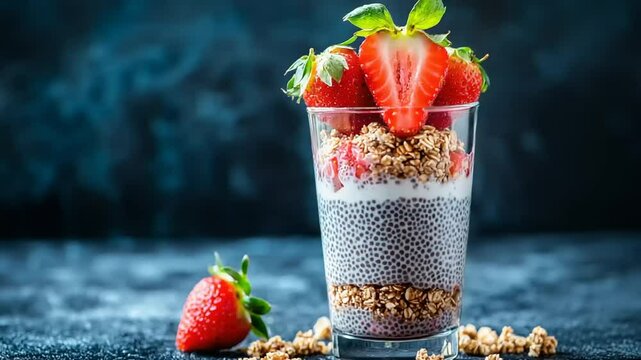 Healthy layered parfait with granola and strawberries