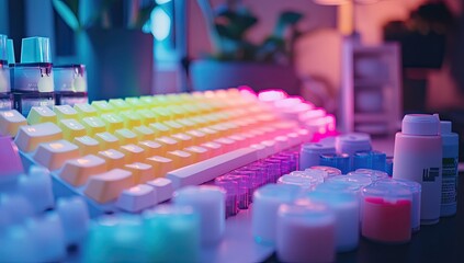 Obraz premium Colorful keyboard and crafting supplies in a vibrant, dimly lit workspace