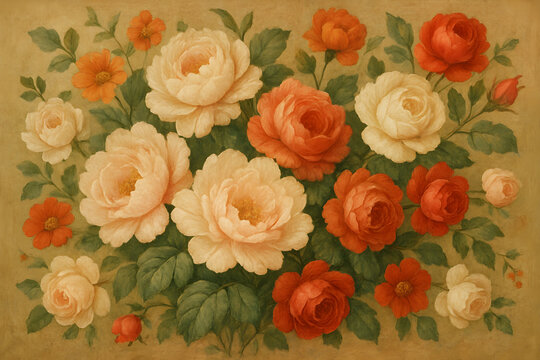 red and cream floral mural wallpaper