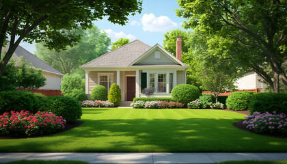 Small Cozy House with Lush Green Landscaping and Vibrant Flowers