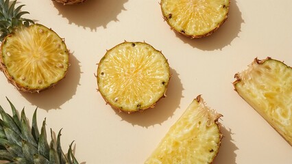 Close-up view of sliced pineapples on a light beige surface.