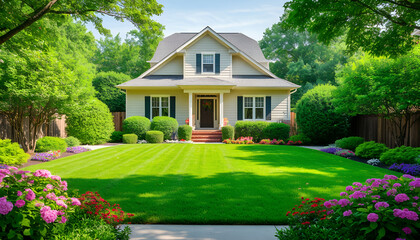 Serene Suburban Front Yard Lush Green Grass Blooming Flowers