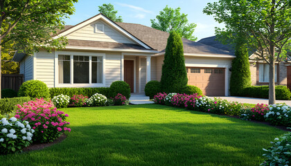 Beautiful Modern House with Landscaped Yard and Vibrant Flowers