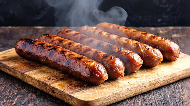 Grilled sausages arranged on a wooden cutting board with smoke rising, evoking a rustic kitchen atmosphere
