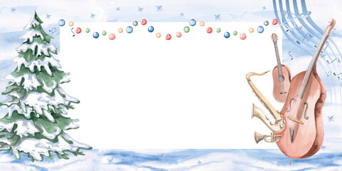 Rectangular frame with a Christmas tree, garland and musical instruments. Isolated watercolor illustration on a Christmas theme for the design of musical New Year festivals, concerts, invitations.