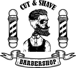 Barbershop. Illustration of bearded skull isolated on white background. Design element for barber shop poster, card, emblem, sign, label. Vector illustration