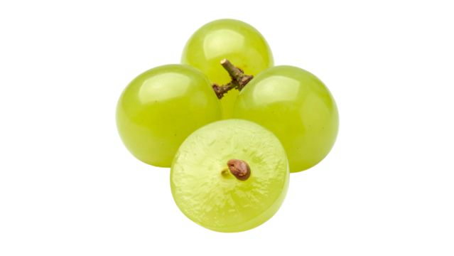 Fresh green Muscat grapes isolated on white background, emphasizing the healthy, natural and delicious taste.