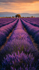 Fototapeta premium Lavandula in full bloom stretches across provence countryside, violet purple hues summer sunlight.