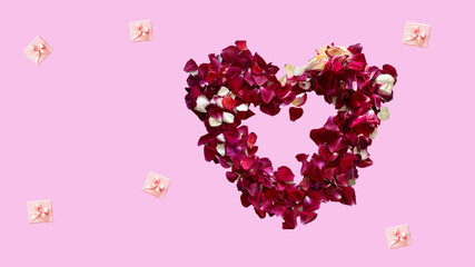 Heart Made of Red Petals and Pink Gift Boxes on a Delicate Pink Background