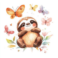 Obraz premium Watercolor Sloth Surrounded by Colorful Butterflies and Floral Accents