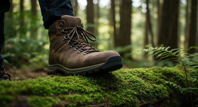 Leather hiking boot on mossy log in forest, adventure in the woods - Powered by Adobe