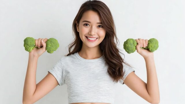 Healthy Lifting: A radiant young woman engages in a playful, healthy exercise routine, holding a dumbbell in each hand. This conceptual image embodies the fusion of fitness and nourishment