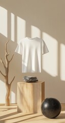 White t-shirt on wooden pedestal, natural light
