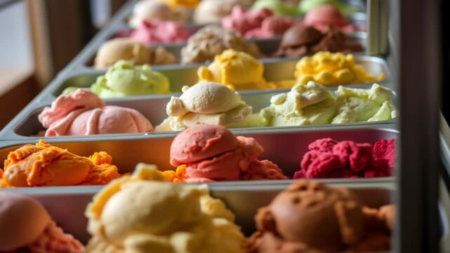 Modern dessert shop with rows of gelato in metal trays and bright pastel colors in clean stylish display window