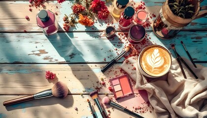 Creative Flat Lay of Makeup, Notebook, and Coffee on Wooden Table