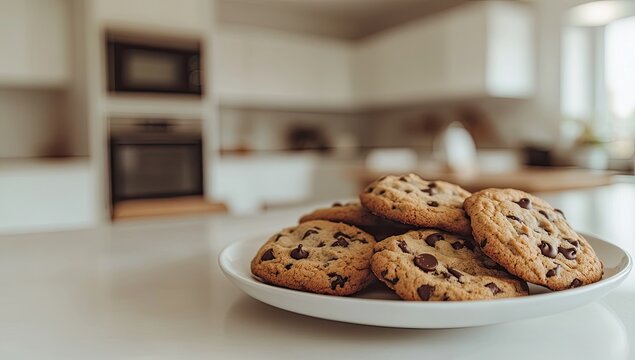 Chocolate chip cookies on a plate in a kitchen