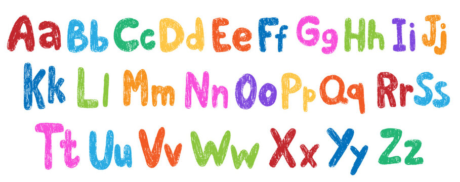 Naklejki Crayon colorful kids alphabet, doodle funny playful font. Hand drawn scribble kid typescript numbers. School wax crayon abc cute kindergarten handwriting playful letters, digits. Pencil children font