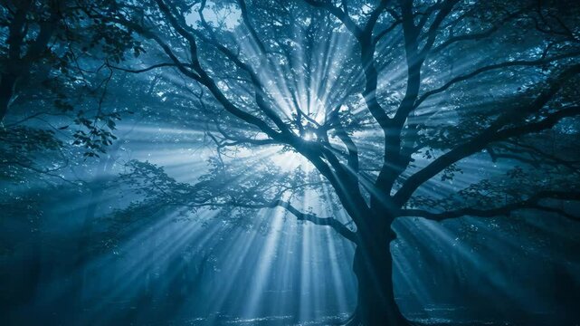 Moonlight casting mystical patterns on trees, enchanted forest scenery