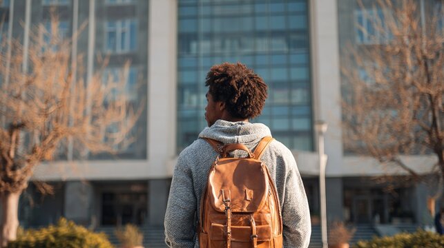 Black male student with a backpack at a university campus. Back view of man. Concept of academic aspirations, higher education, student diversity, new beginnings, and cultural integration