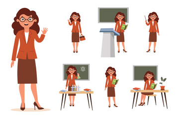 Set of teacher characters interacting with students in several classroom activities during a teaching session. Set for animation. Vector illustration in flat style on white background.