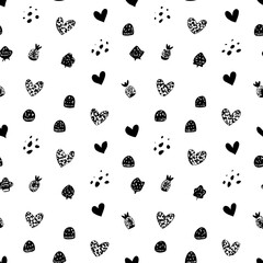 Cute, hand-drawn pattern of hearts and berries.