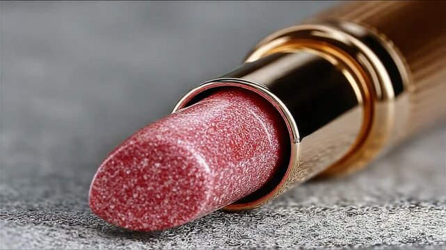 Macro close-up of luxurious pink lipstick with golden case on textured background