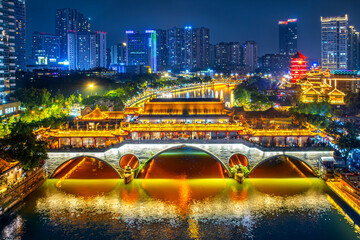 Anshun bridge at night in chengdu city, China.